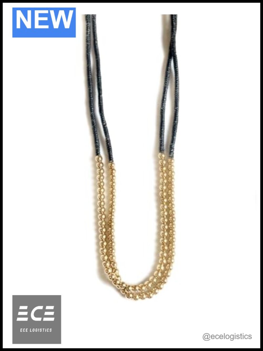 Handwoven Wax Cord Double Layer Brass Beaded Necklace 29.5 in